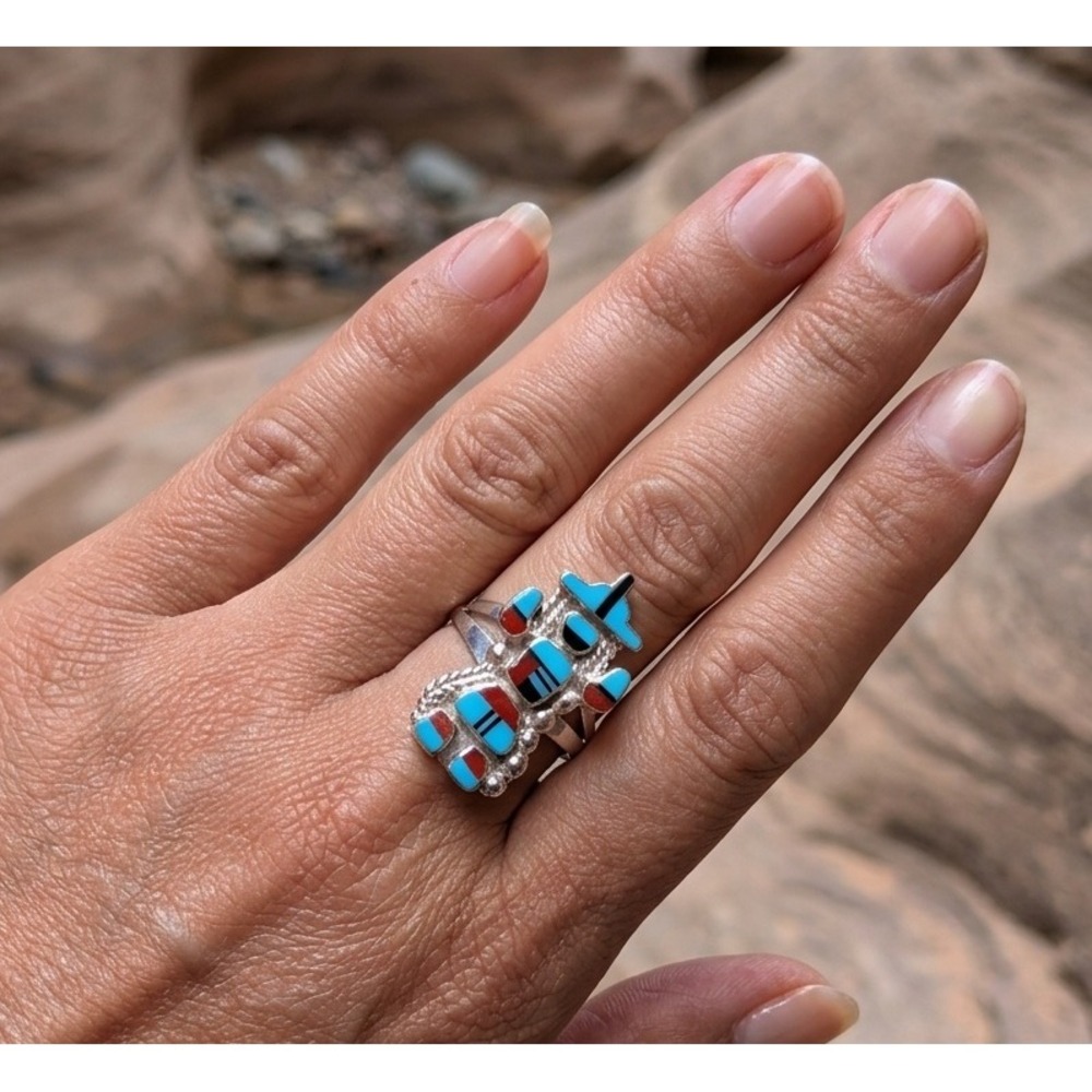 Zuni Kachina Inlay Ring Sterling Silver Multi Stones Signed Jewelry Sz 9.5US